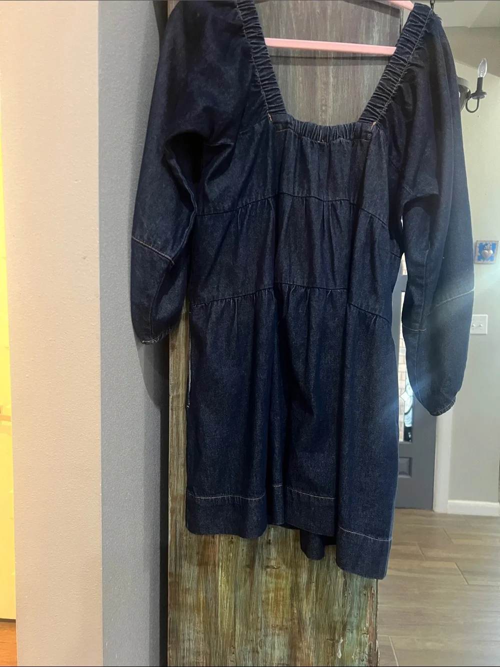 Free People Dark Blue Denim Smocked Square-Neck Mini Dress